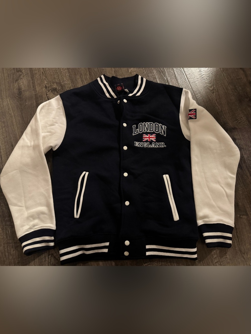 K.K Fashion Men's Navy/White Varsity London Jacket M Button Band Collar Pockets